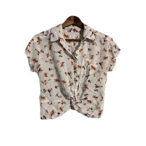 Copper Key Floral ButtonUp Top Women S White Knot Front Rayon Short Sleeve Shirt